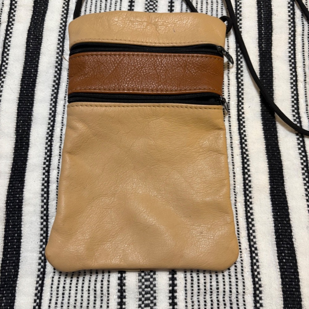 Leather Crossbody Phone Bag Small Tan Brown Zipper Shoulder Purse - Picture 2 of 9
